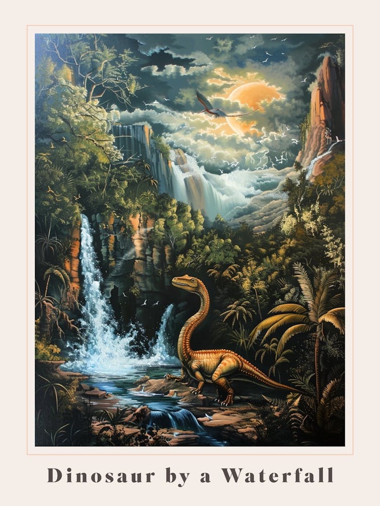 Dinosaur By A Waterfall Painting 2 Poster