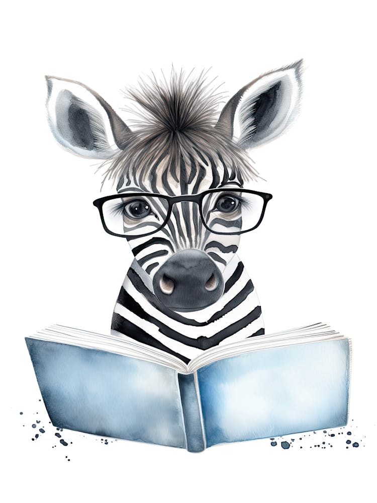 Smart Baby Zebra Wearing Glasses Watercolour Illustration 3