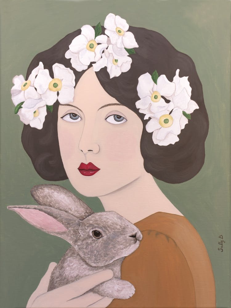 Woman With White Flowers And Rabbit