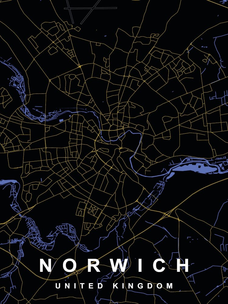 Norwich City Map Black and Gold