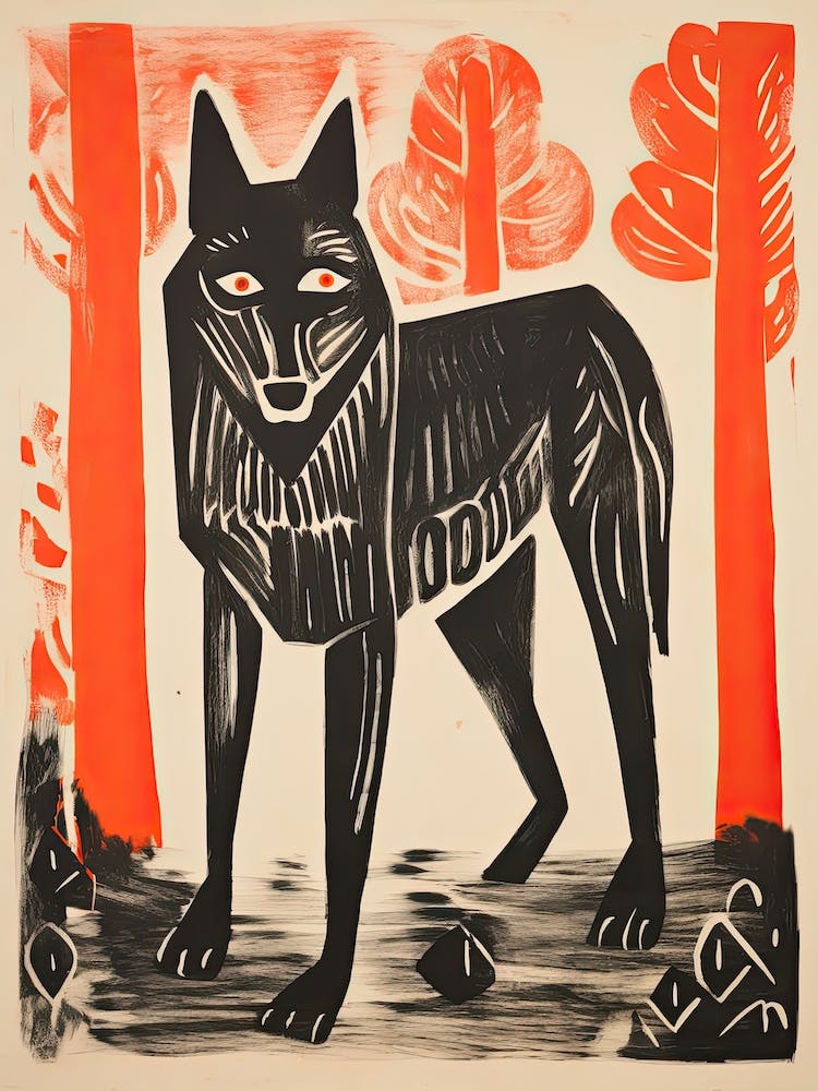 Wolf, Woodblock Animal  Drawing 2