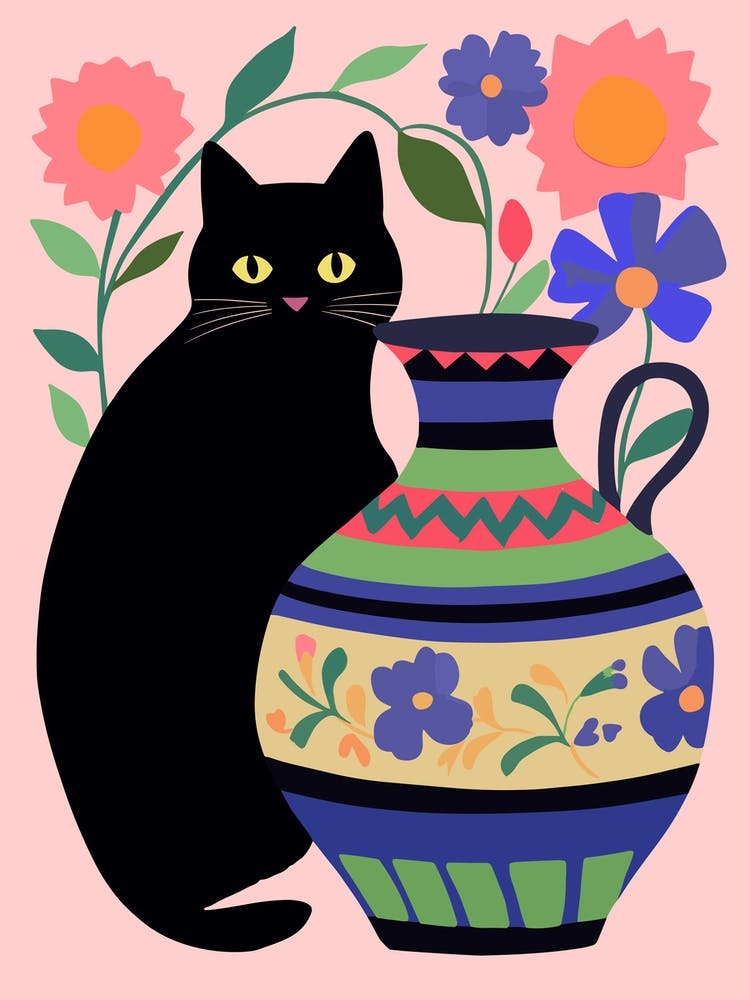 Black Cat With Flowers In A Vase