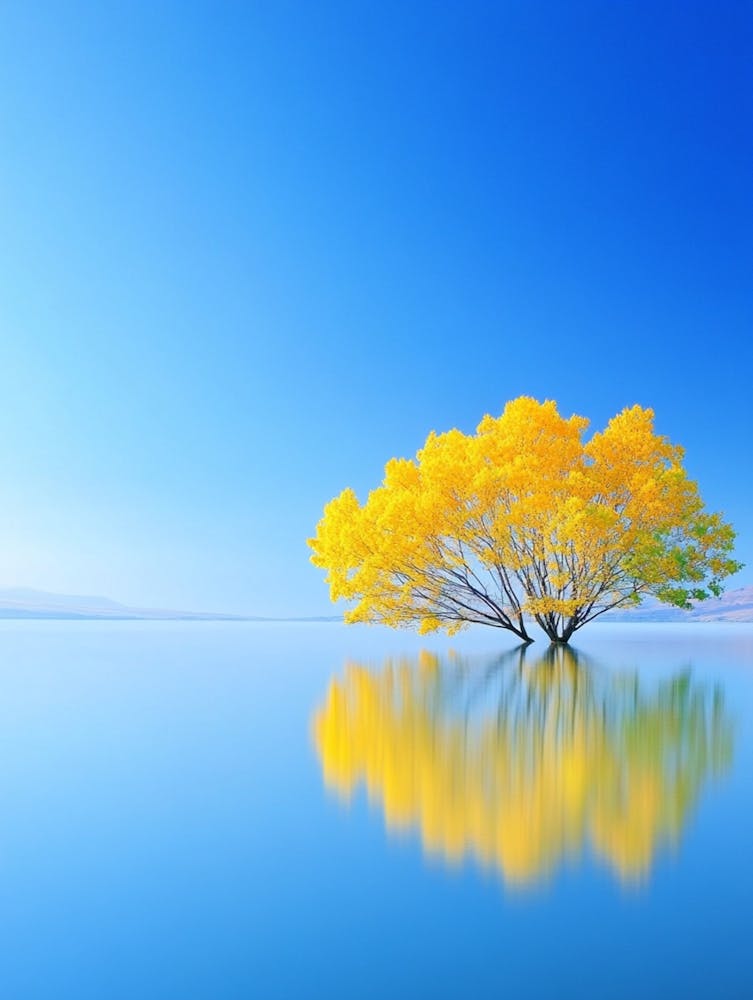 A Yellow And Pink And Green Ginkgo Trees , With A Clear Blue Sky And Lake Reflection, In A Minimalist Style