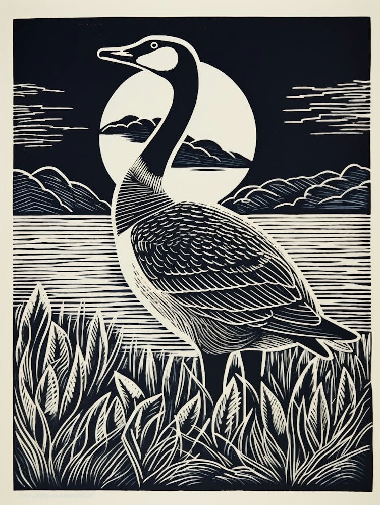 B&W Bird Linocut Canada Goose 1