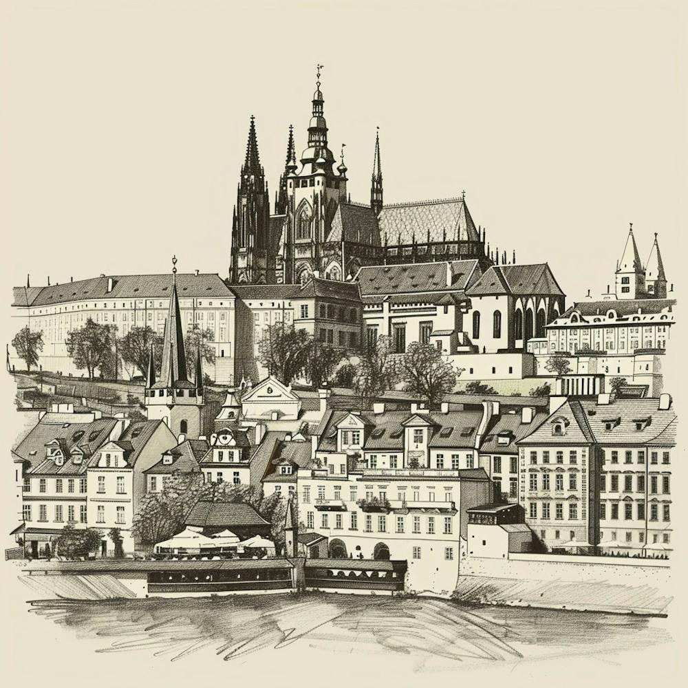 Un Château de Prague à Prague - Esquisse Dessinée à la Main 1720028371 2