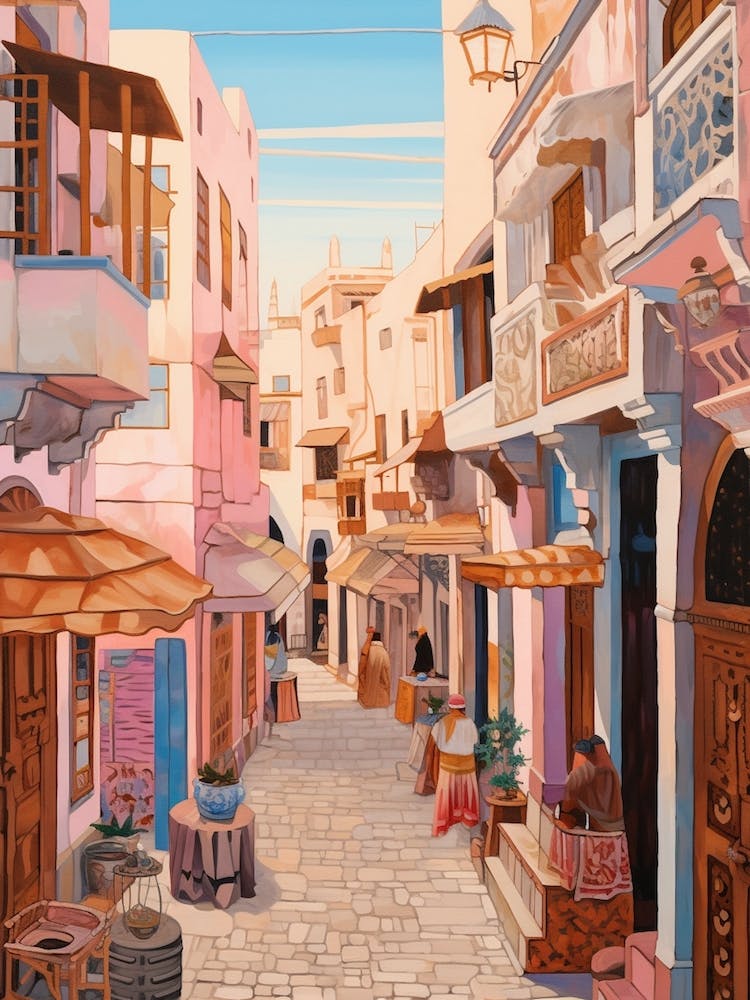 Tangier Marokko 1 Vintage Rosa Reiseillustration