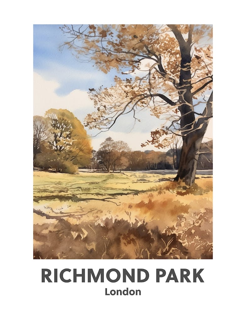 Richmond Park, Londres 4 Affiche de voyage à l'aquarelle