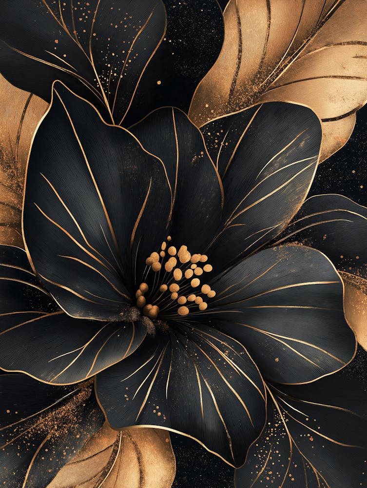 Black And Gold Floral Poster, Abstract Style, Golden Leaf Decoration