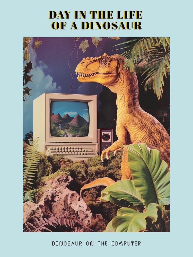 Dinosaur At A Computer Retro Collage 4 Poster
