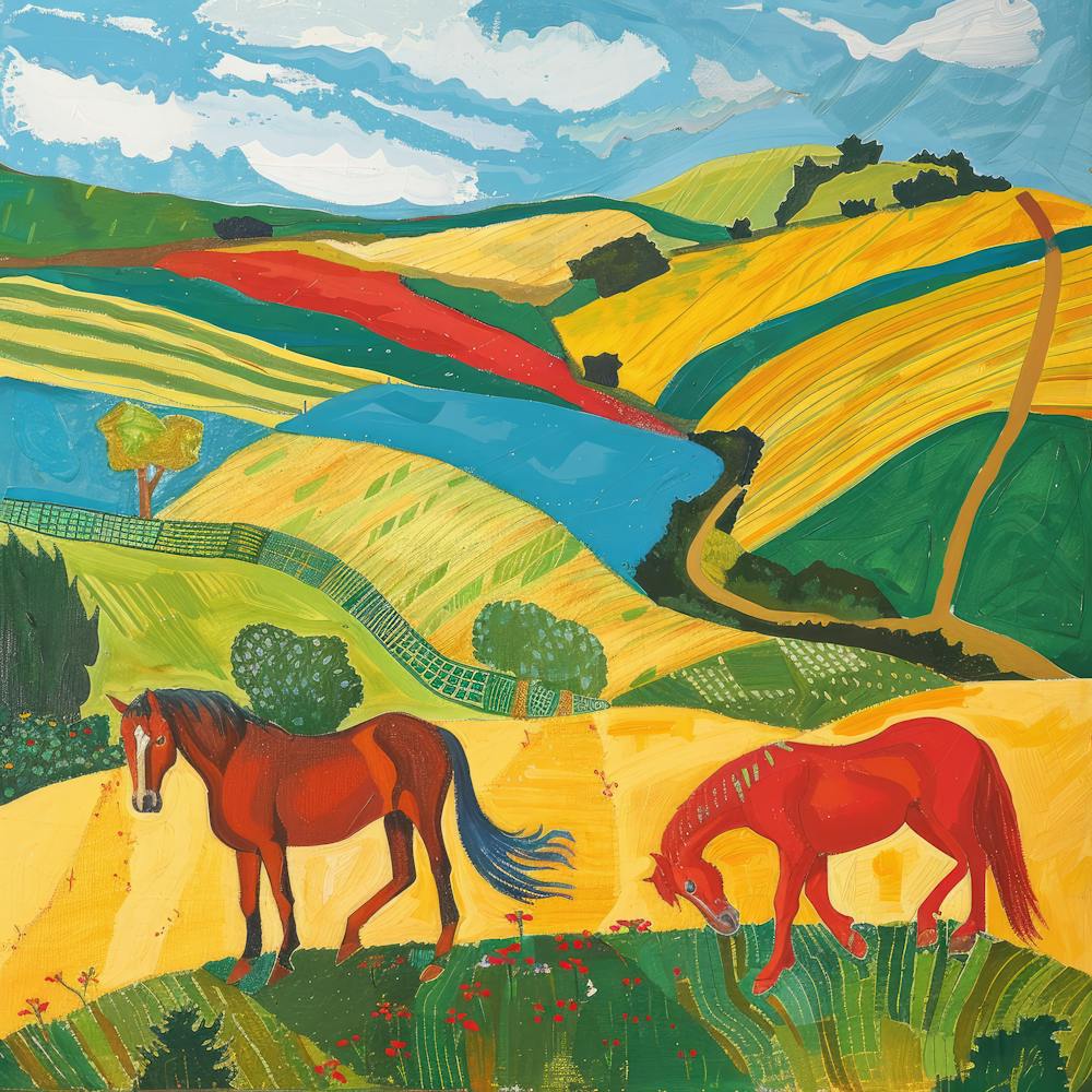 Horses in the English Countryside Series, Hockney Style. 2