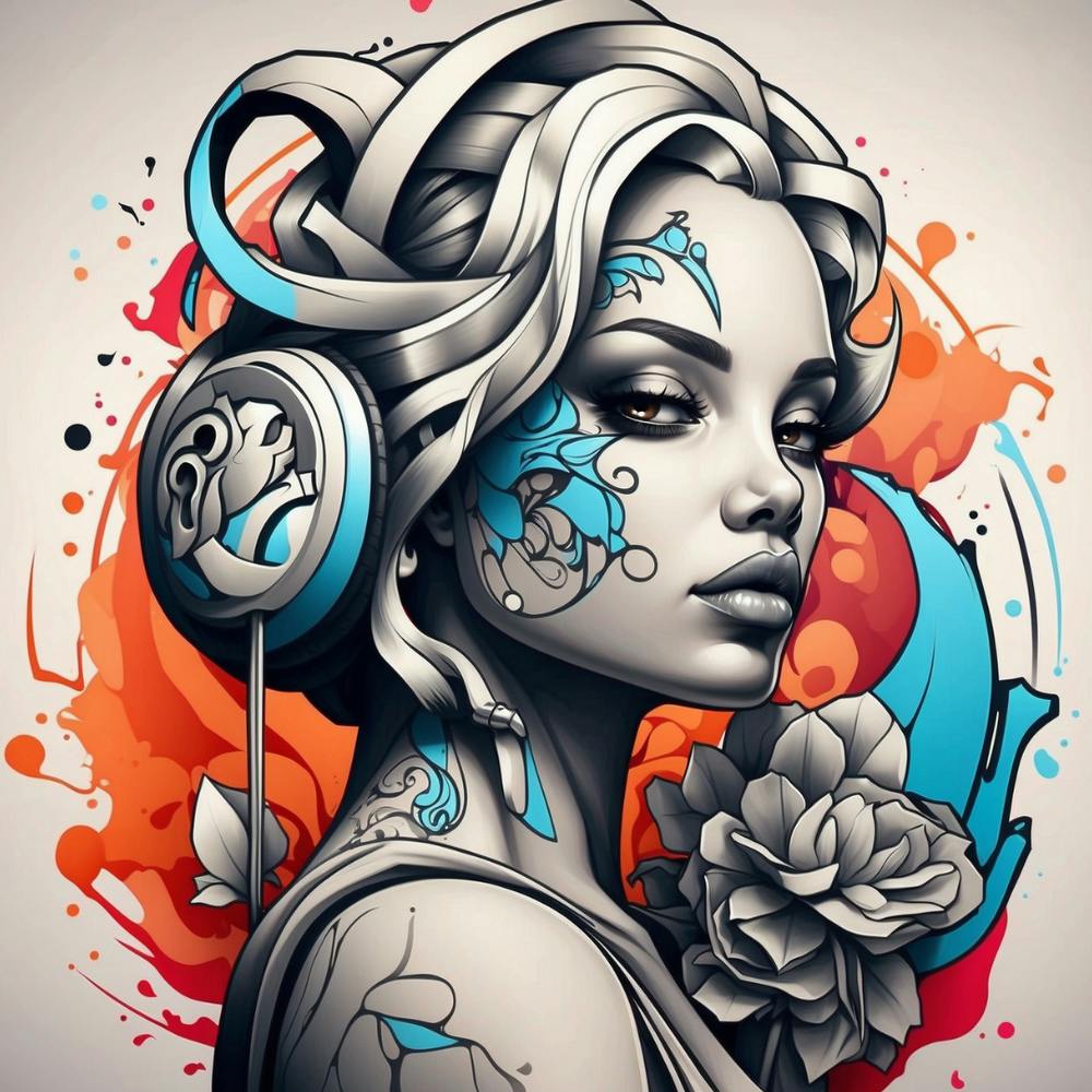 Fille Tatouée Avec Casque Audio