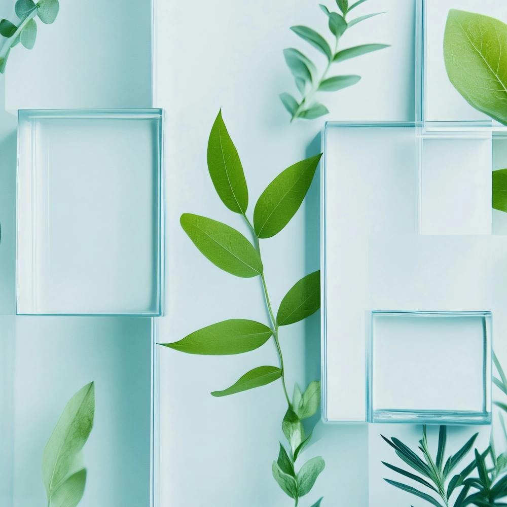 Green Leaves In Glass Cubes