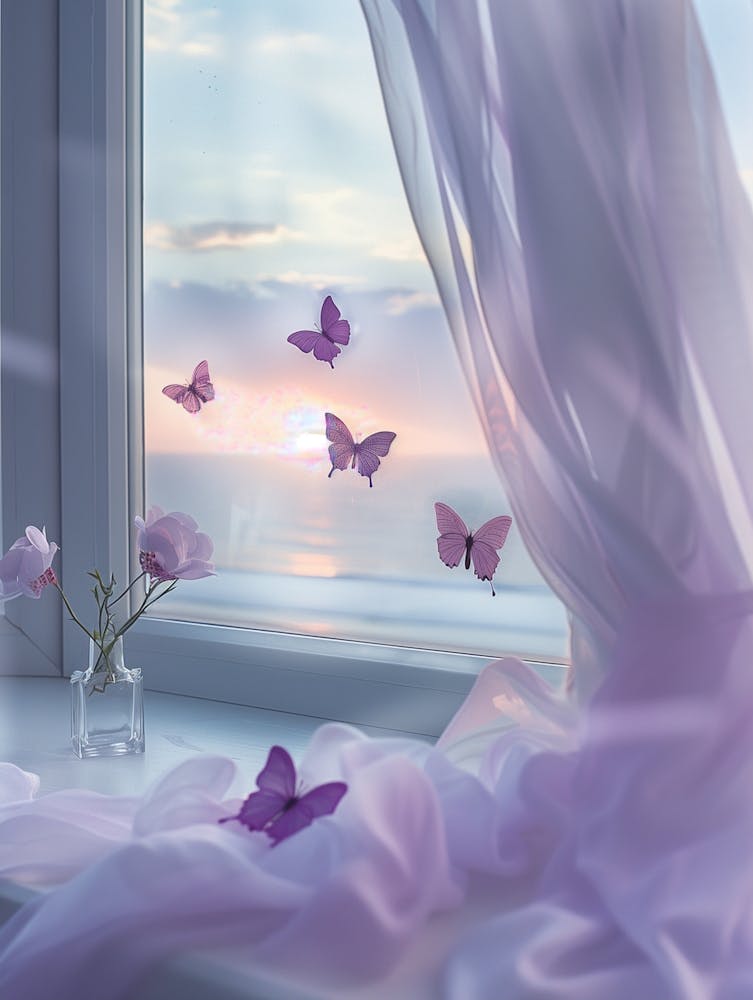 A White Window With Purple Butterflies Flying Out Of It, Looking At The Sea Outside The Glass, White Gauze Curtain Fluttering In The Wind, Sunset，Dreamy And Beautiful, Light Mint Green And Light Gray Style, Beach Scene, Close Up, Hig 1