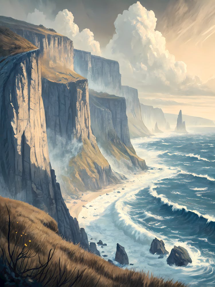 Windy Coastline With Cliffs In Faded Blue And Be