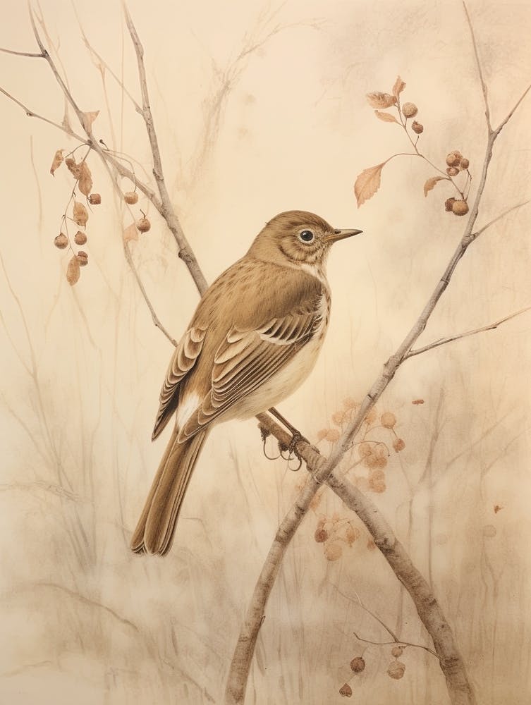 Vintage Bird Drawing Hermit Thrush 2