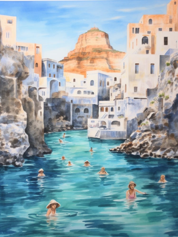 Swimming In Santorini Greece 2 Watercolour