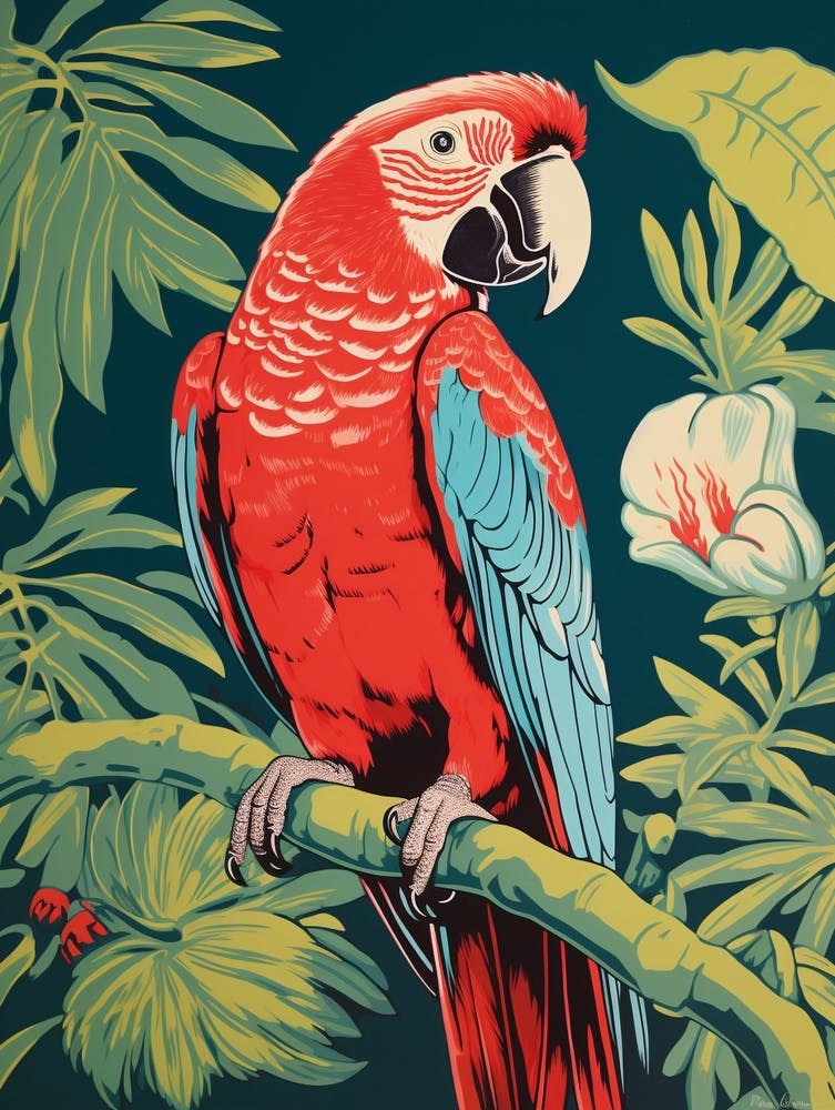 Linogravure d'oiseau vintage Perroquet 4