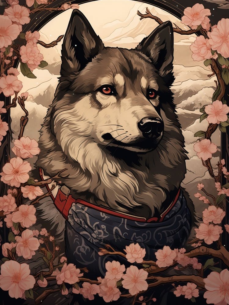 Dog Animal Drawing In The Style Of Ukiyo E 