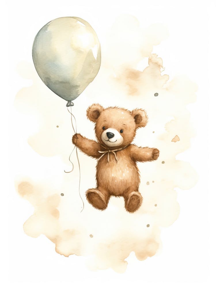 Baby Bear Flying With Ballons, Watercolour Nursery Art 2