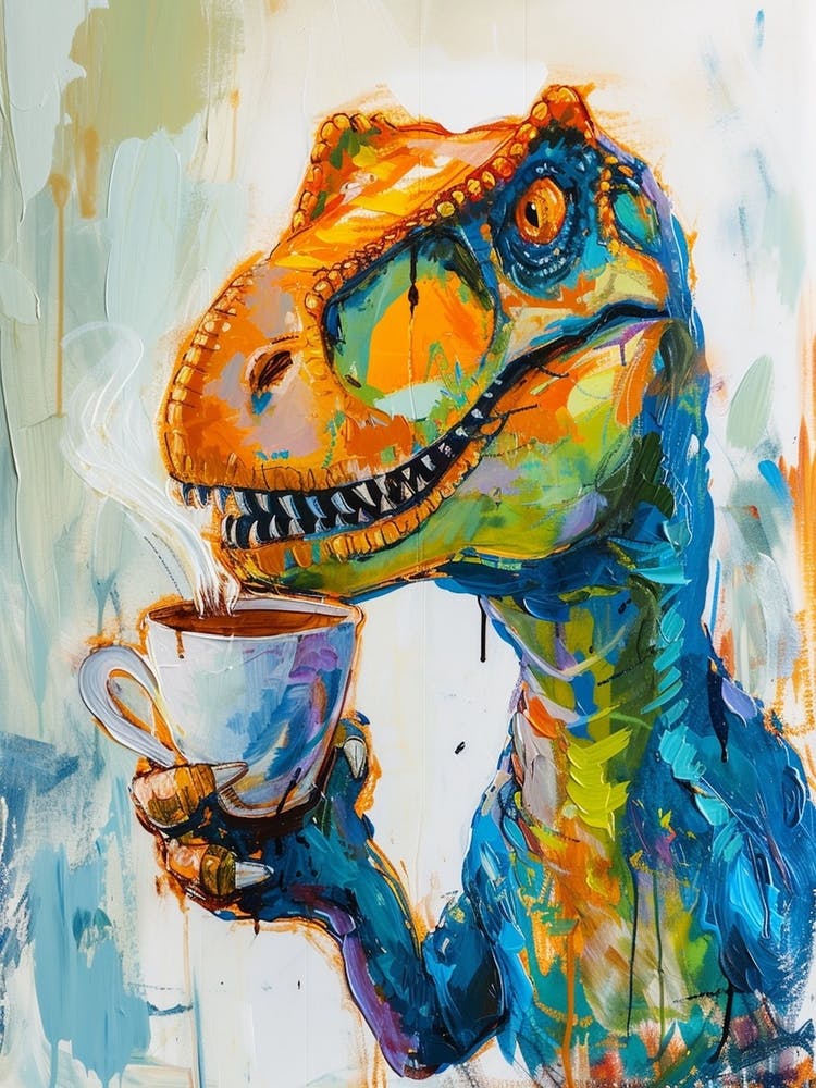 Dinosaur Drinking Coffee Blue Orange Brushstroke 3