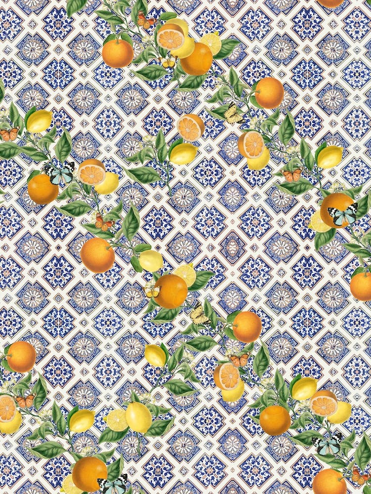 Blue azulejos tiles, oranges and citrus