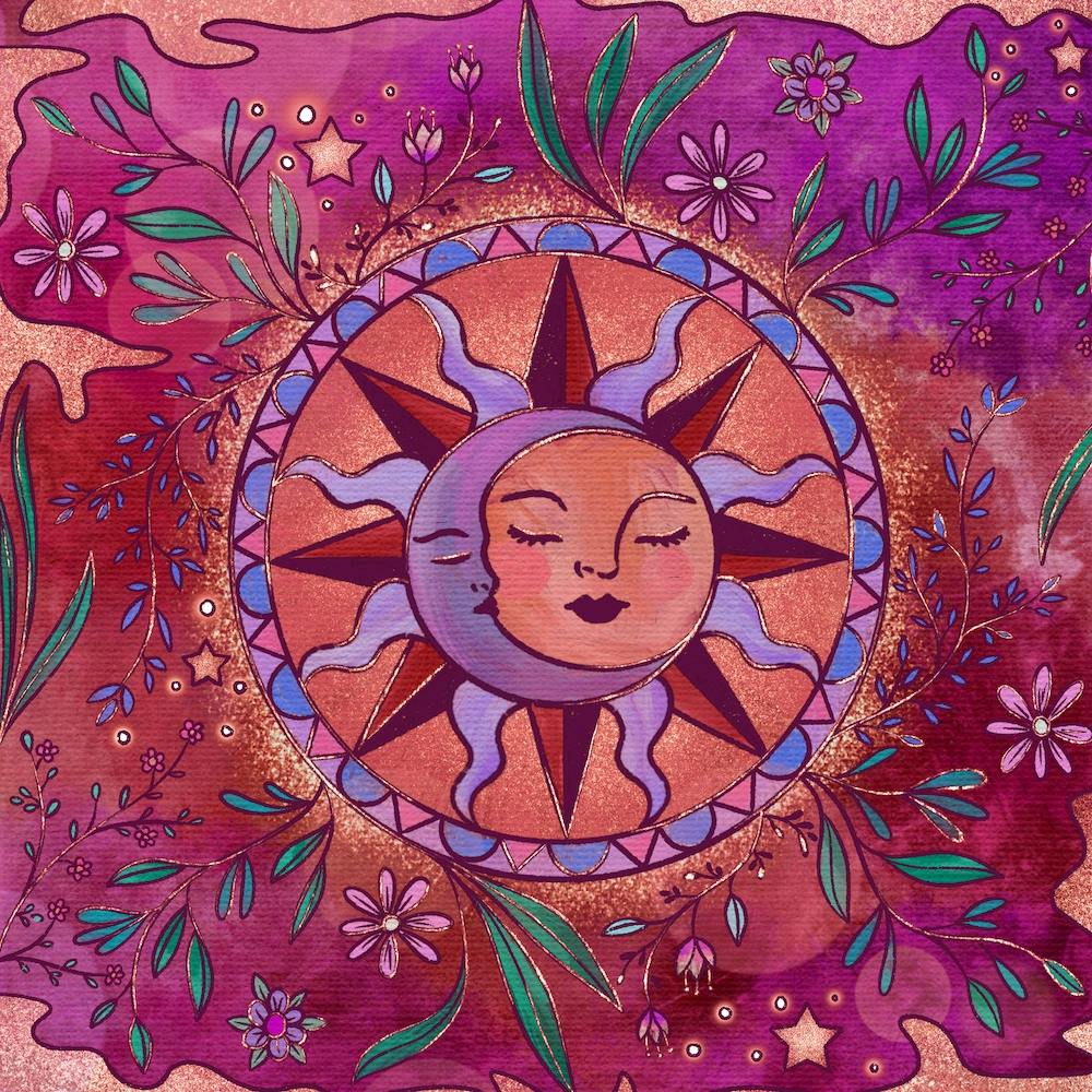 Blumiger Mond und Sonne Quadrat