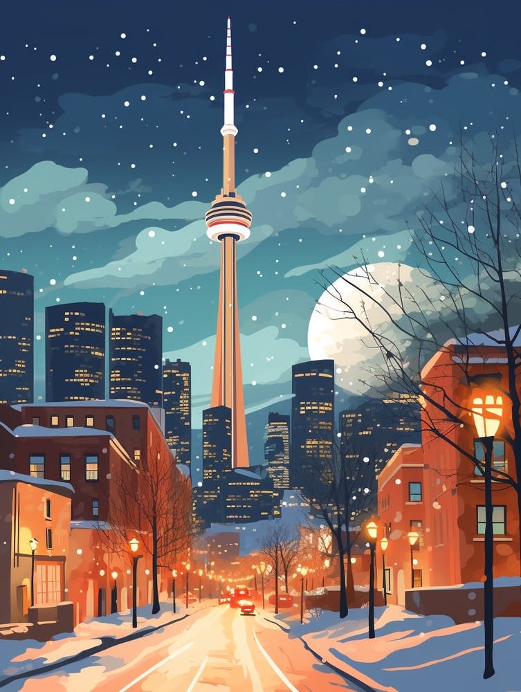 Winter Travel Night Illustration Toronto Canada 2