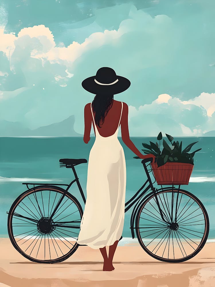 Woman With A Bicycle On The Beach