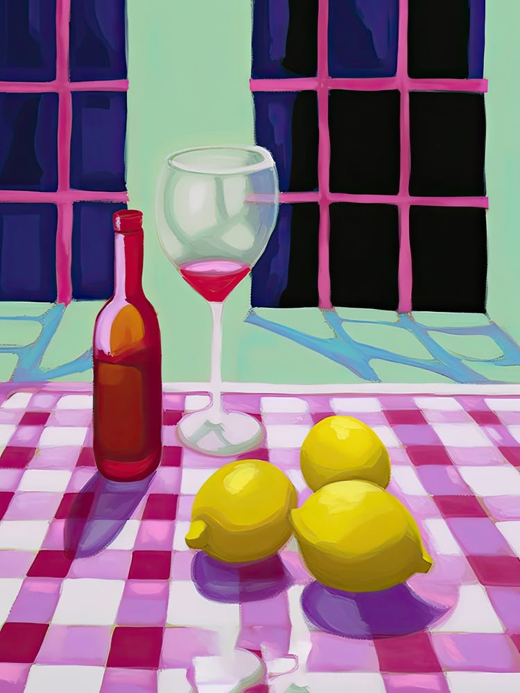 Lemons On Checkered Table, Magenta Tones, Frenchch Riviera In Matisse Style 0