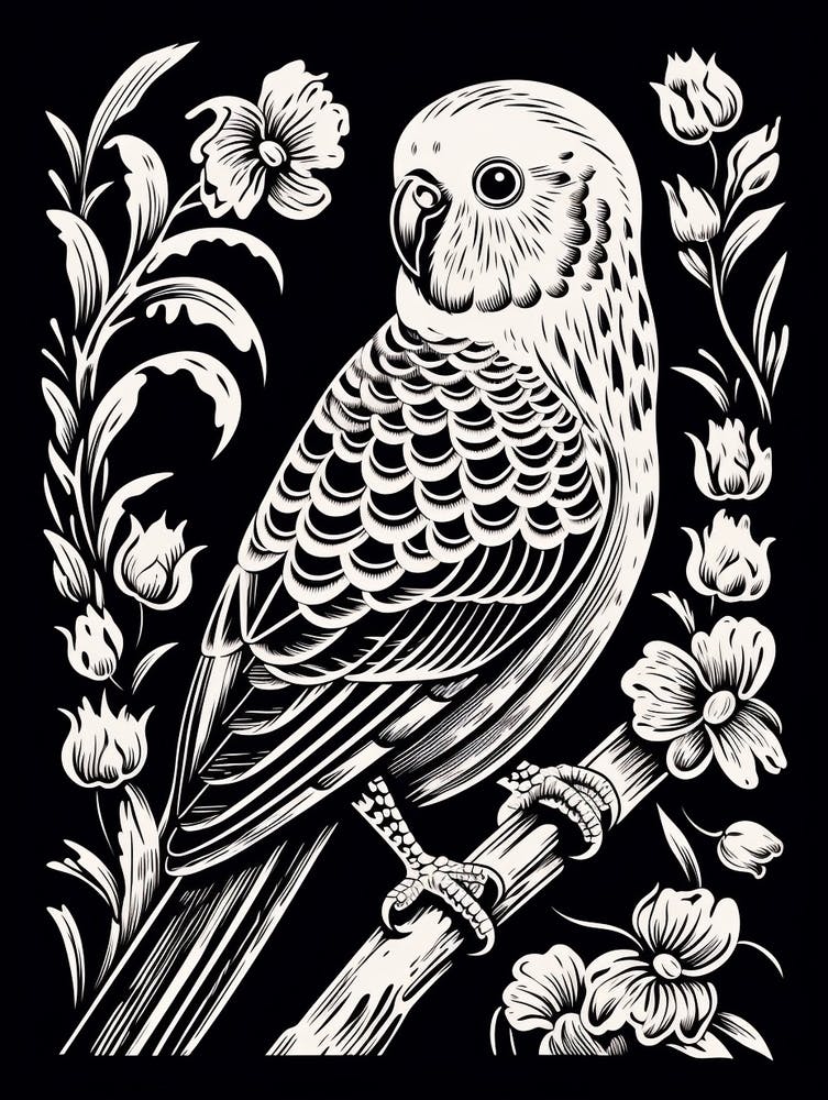 B&W Bird Linocut Budgerigar 3