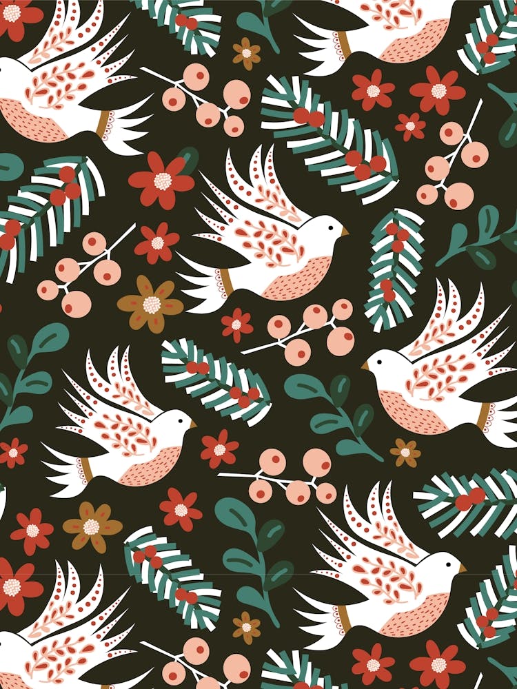 Folk Art Christmas White Doves and Winter Florals on Black