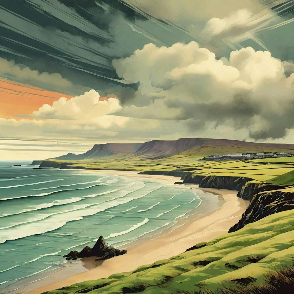 Stormy And Rainy Ireland Retro Landscape Beach And Co