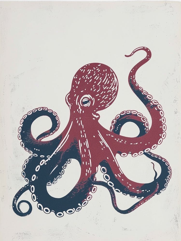 Red & Blue Simple Linocut Style Octopus 1