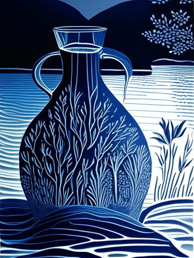 Water In Glass Jug Waterscape Linocut 1