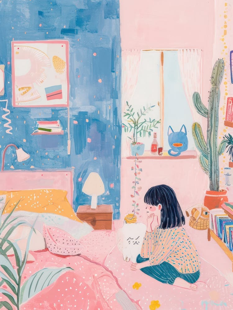 Fille dormant avec des chats TV Lo Fi Illustration Kawaii 3