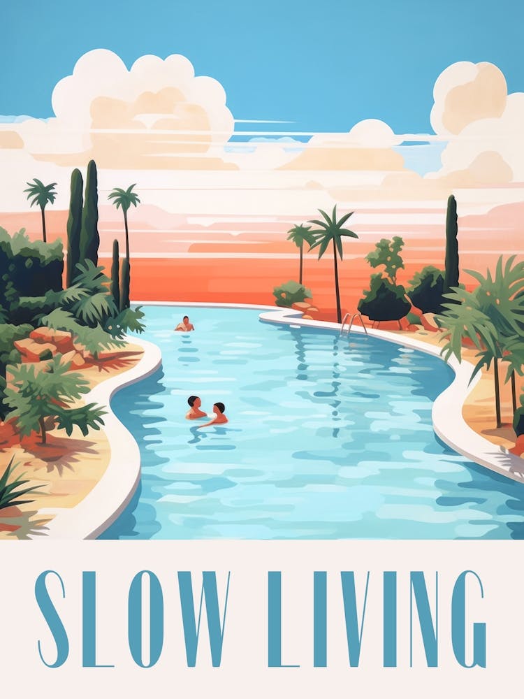 Slow Living. Gouache Landscape with Quote. Vintage Travel Swimming