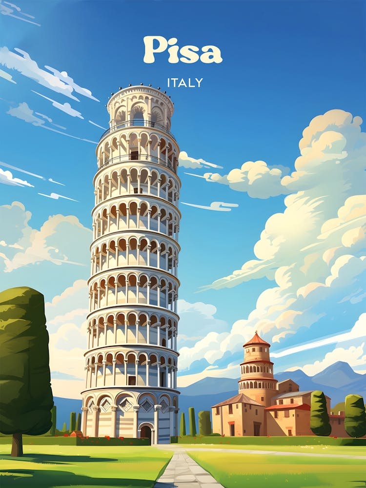 Pisa Italy Leaning Tower Travel Art Illustration