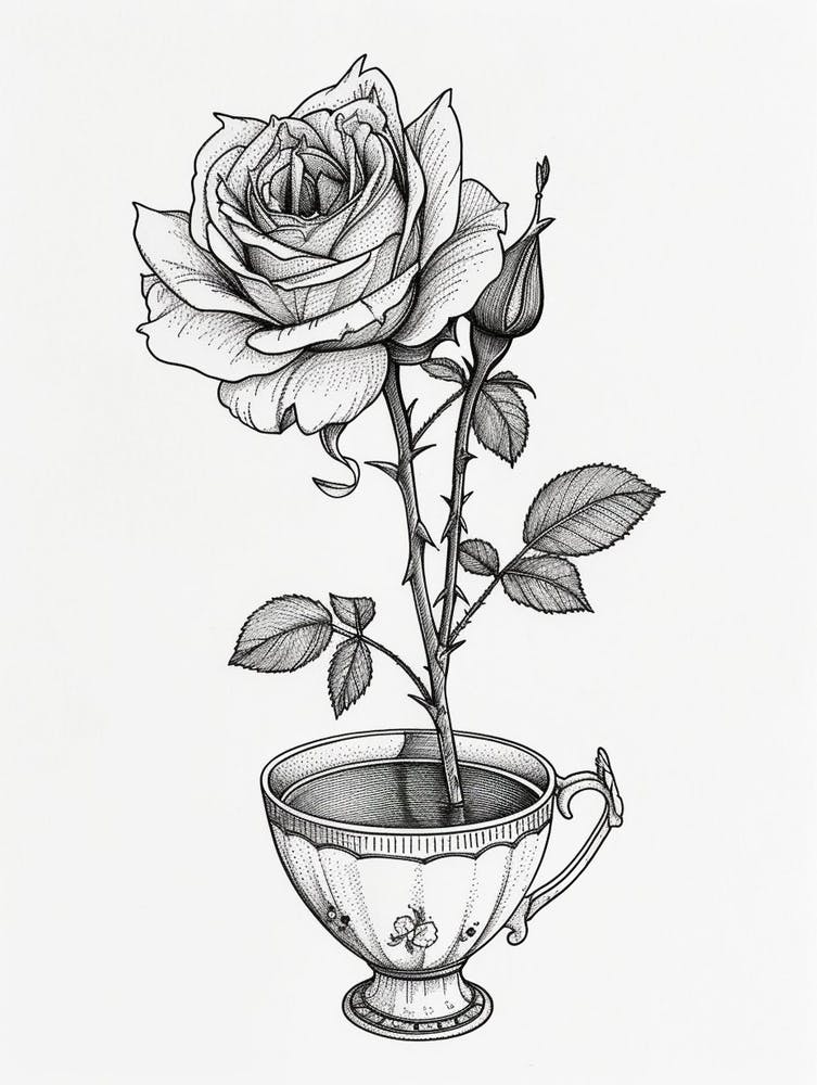 English Rose In A Cup Line Drawing 1