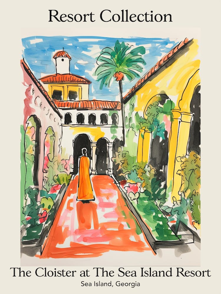 Poster Of The Cloister At The Sea Island Resort Collection   Sea Island, Georgia   Resort Collection Storybook Illustration 1