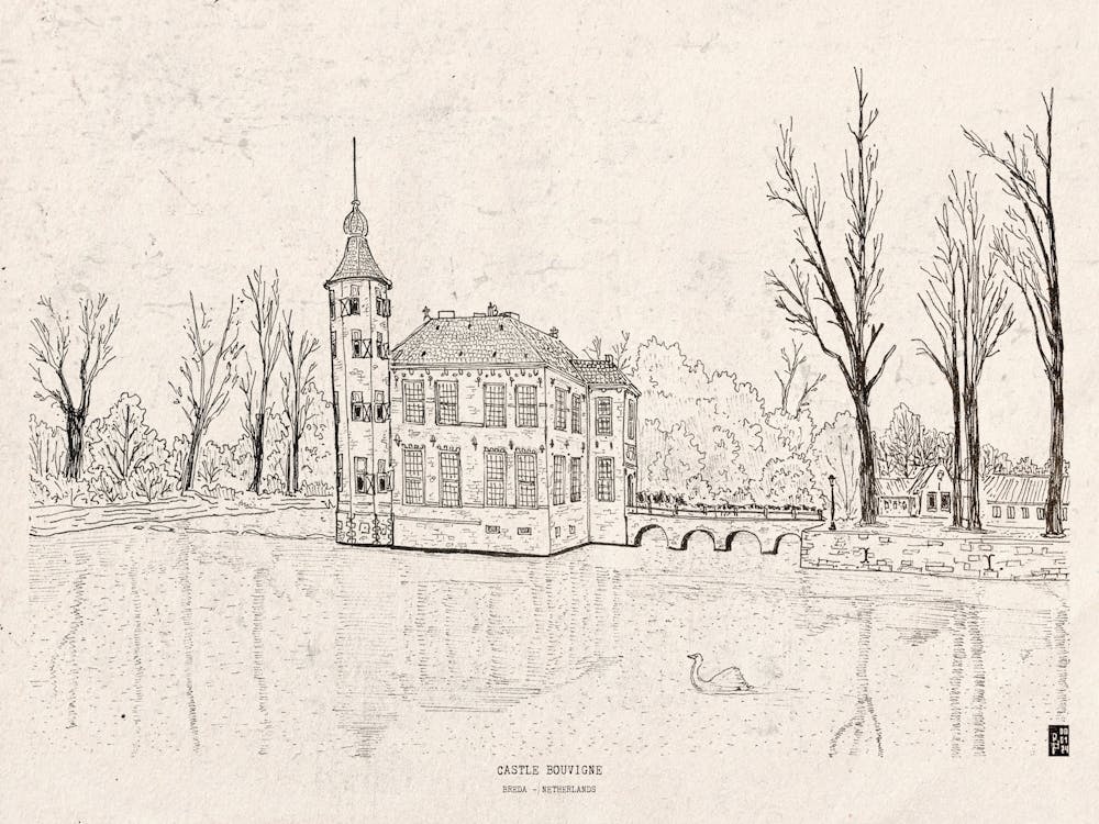 Bouvigne Castle Breda Netherlands Architecture Pen Ink Illustration