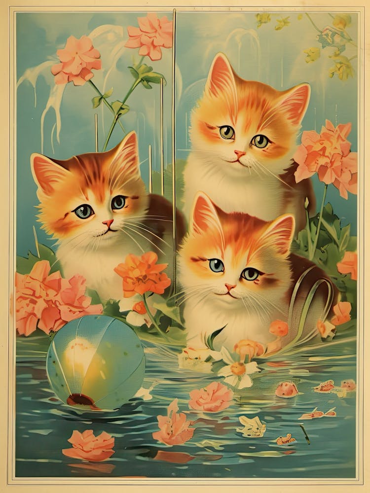 Vintage Cats In A Pond Kitsch