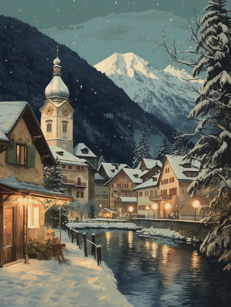 Vintage Winter Illustration Lech Austria 1
