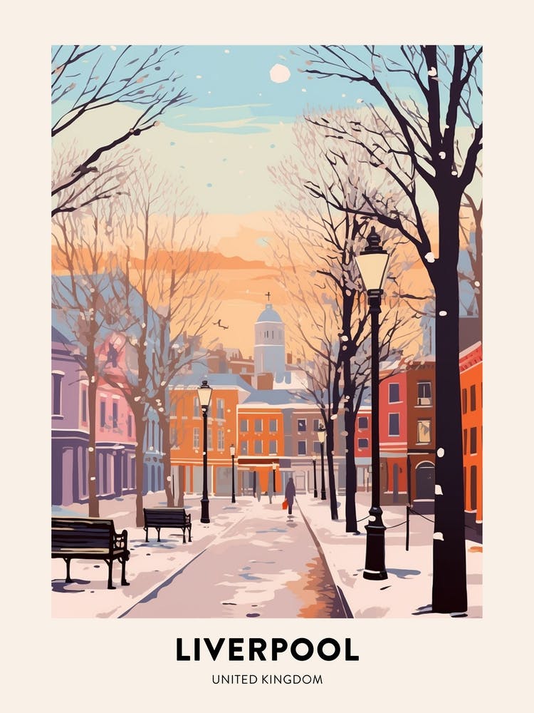 Vintage Winter Travel Poster Liverpool United Kingdom