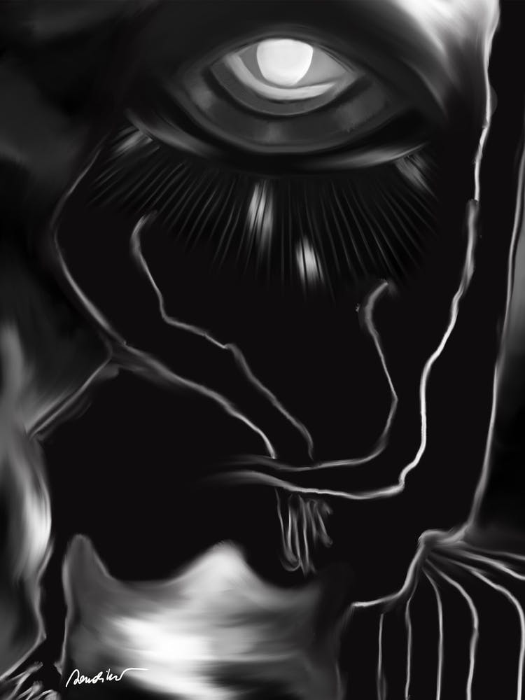 Schwarze Figur mit einem Auge der Hoffnung, auf dem Weg zum Himmel beim Liebesspiel