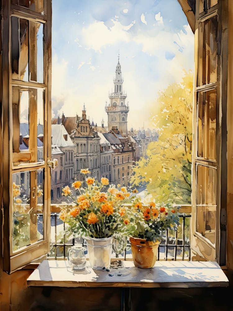 Window View Of Warsaw Poland In Autumn Fall, Watercolour 1