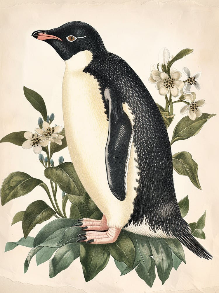 Adlie Penguin Stewart Island Ulva Island Vintage Botanical Painting 1
