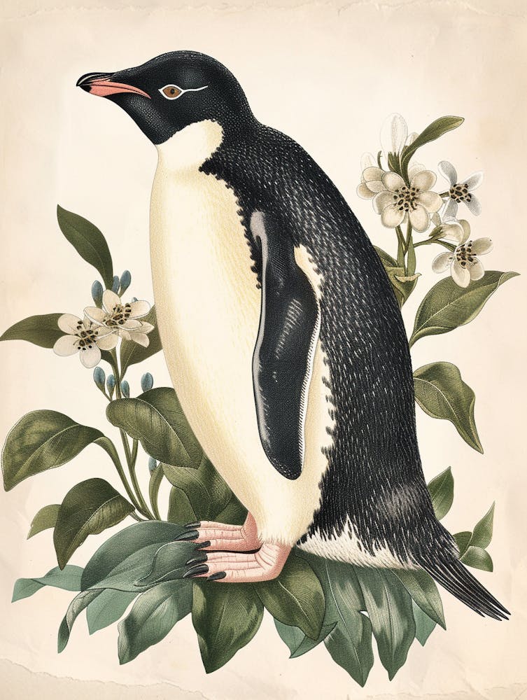 Adlie Penguin Stewart Island Ulva Island Vintage Botanical Painting 1