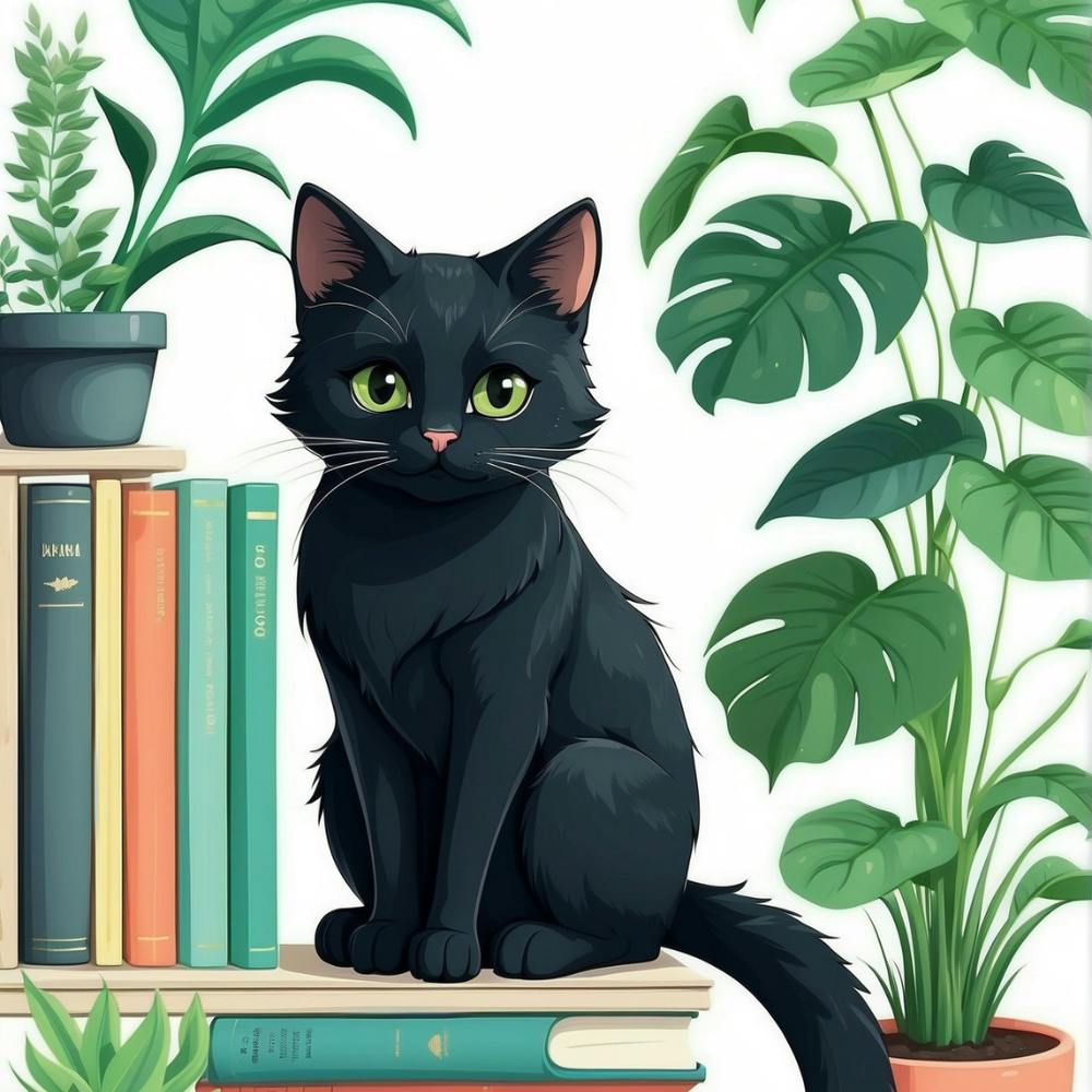 Black Cat On Bookshelf