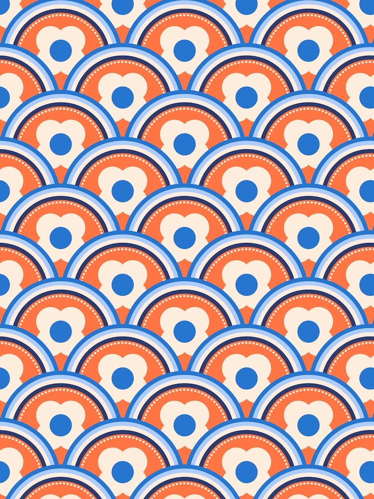 Retro Rainbow Waves and Flowers, Apricot Crush, Blue