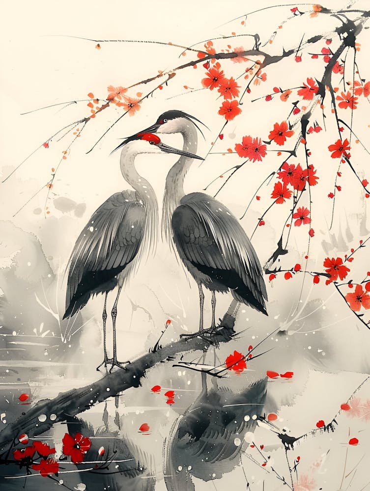 Herons In Cherry Blossoms